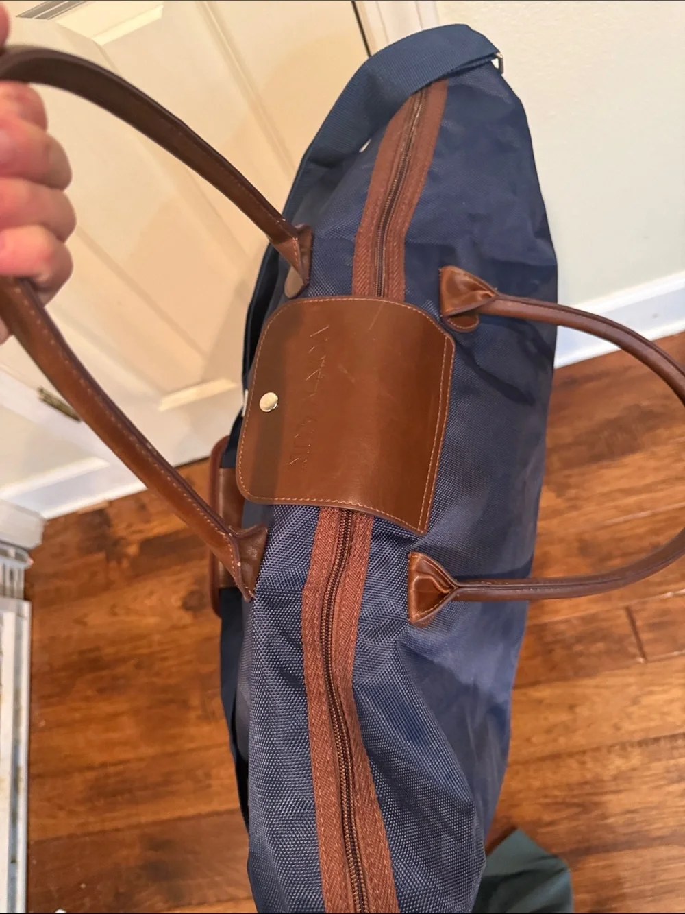 XL Navy Weekender Duffel Bag with Brown Trim